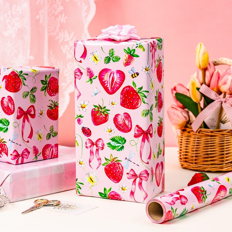 Yarcony Strawberry Wrapping Paper Roll, Cute Bow Gift Wrap, Strawberries, Floral, Butterfly & Plaid Design Pink Wrapping Paper for Girls Birthday, Baby Shower,Valentine's Day(Mini Roll, 17 InX 33 Ft) - Image 2