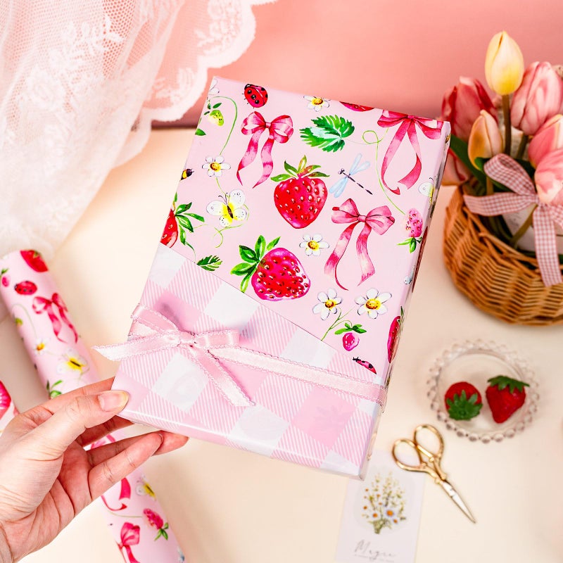 Yarcony Strawberry Wrapping Paper Roll, Cute Bow Gift Wrap, Strawberries, Floral, Butterfly & Plaid Design Pink Wrapping Paper for Girls Birthday, Baby Shower,Valentine's Day(Mini Roll, 17 InX 33 Ft) - Image 5