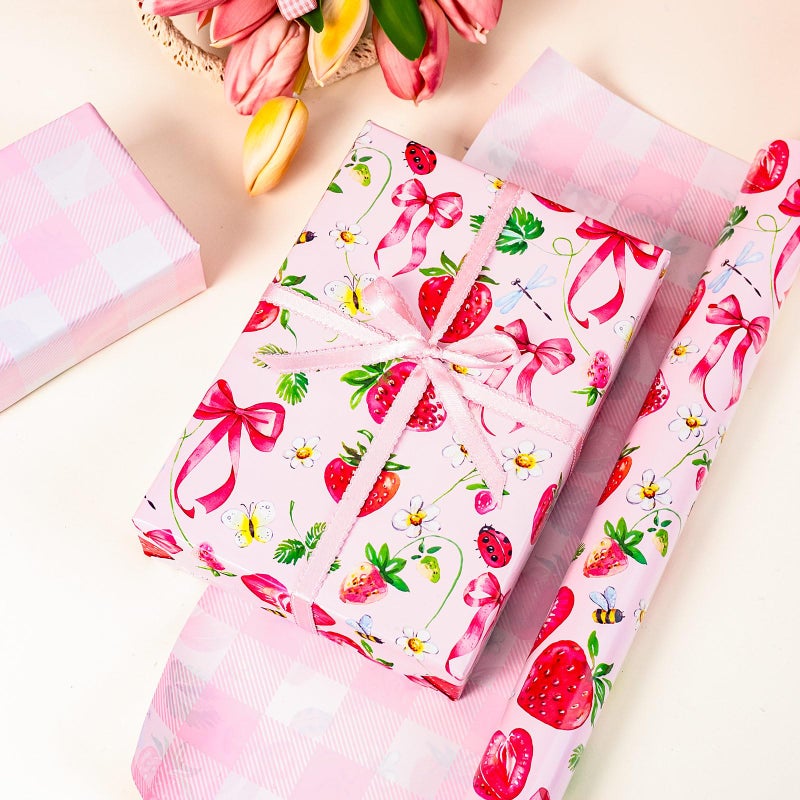 Yarcony Strawberry Wrapping Paper Roll, Cute Bow Gift Wrap, Strawberries, Floral, Butterfly & Plaid Design Pink Wrapping Paper for Girls Birthday, Baby Shower,Valentine's Day(Mini Roll, 17 InX 33 Ft) - Image 4