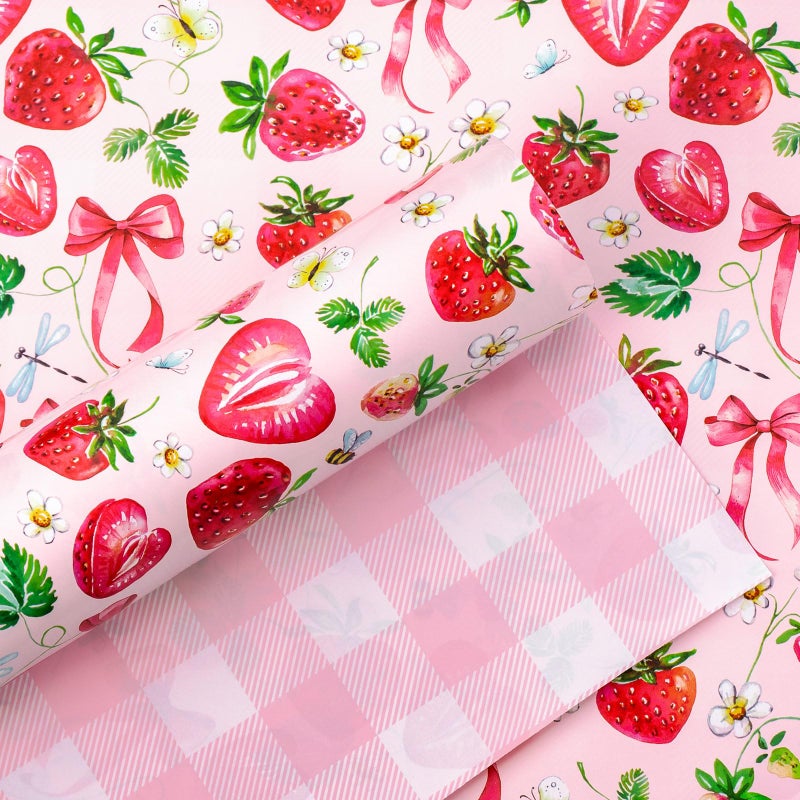 Yarcony Strawberry Wrapping Paper Roll, Cute Bow Gift Wrap, Strawberries, Floral, Butterfly & Plaid Design Pink Wrapping Paper for Girls Birthday, Baby Shower,Valentine's Day(Mini Roll, 17 InX 33 Ft) - Image 1