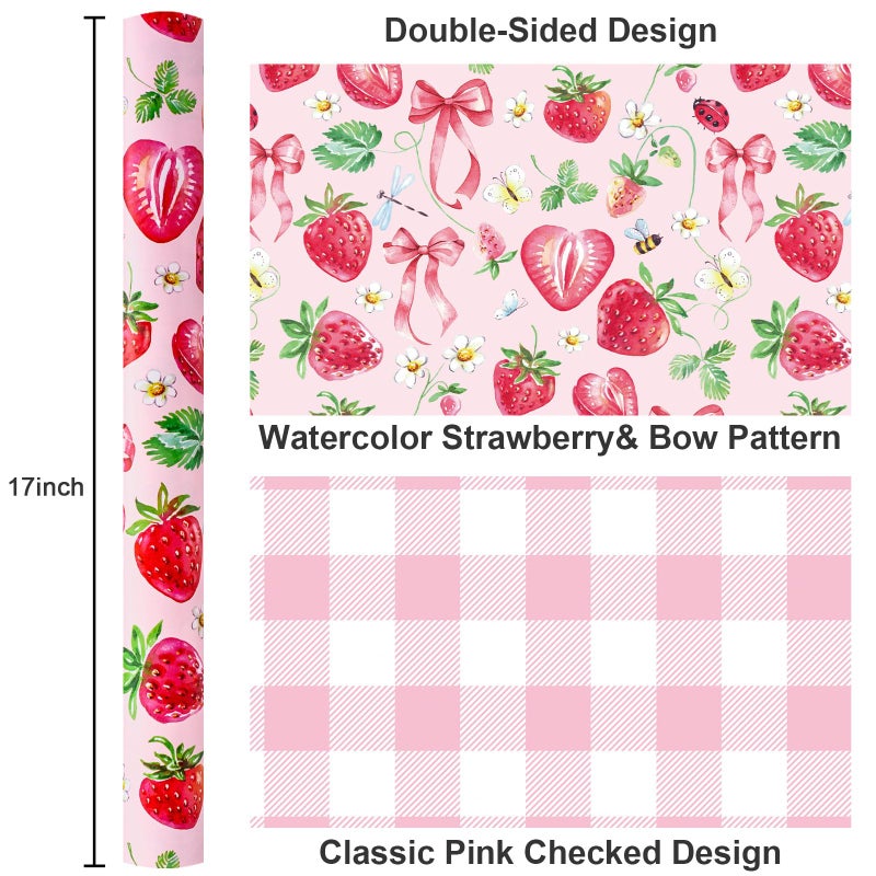 Yarcony Strawberry Wrapping Paper Roll, Cute Bow Gift Wrap, Strawberries, Floral, Butterfly & Plaid Design Pink Wrapping Paper for Girls Birthday, Baby Shower,Valentine's Day(Mini Roll, 17 InX 33 Ft) - Image 3