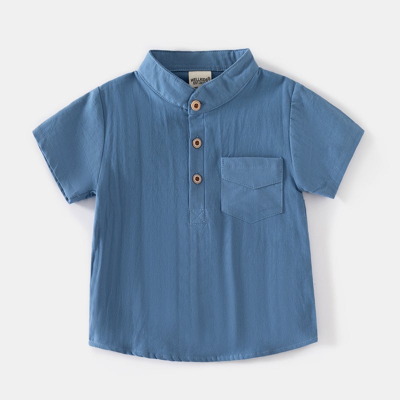 2026 Summer Outdoor Style New Boys' Stand-Collar Short-Sleeve Casual Style Skin-Friendly Comfortable Sweat-Absorbent Cotton Shirt - Image 3