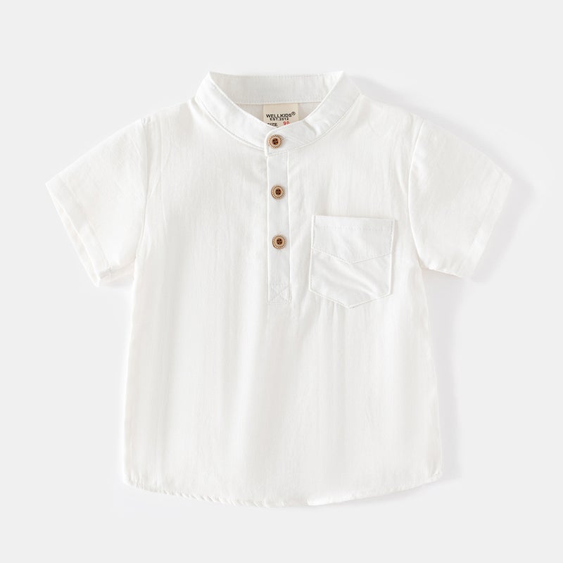 2026 Summer Outdoor Style New Boys' Stand-Collar Short-Sleeve Casual Style Skin-Friendly Comfortable Sweat-Absorbent Cotton Shirt - Image 1