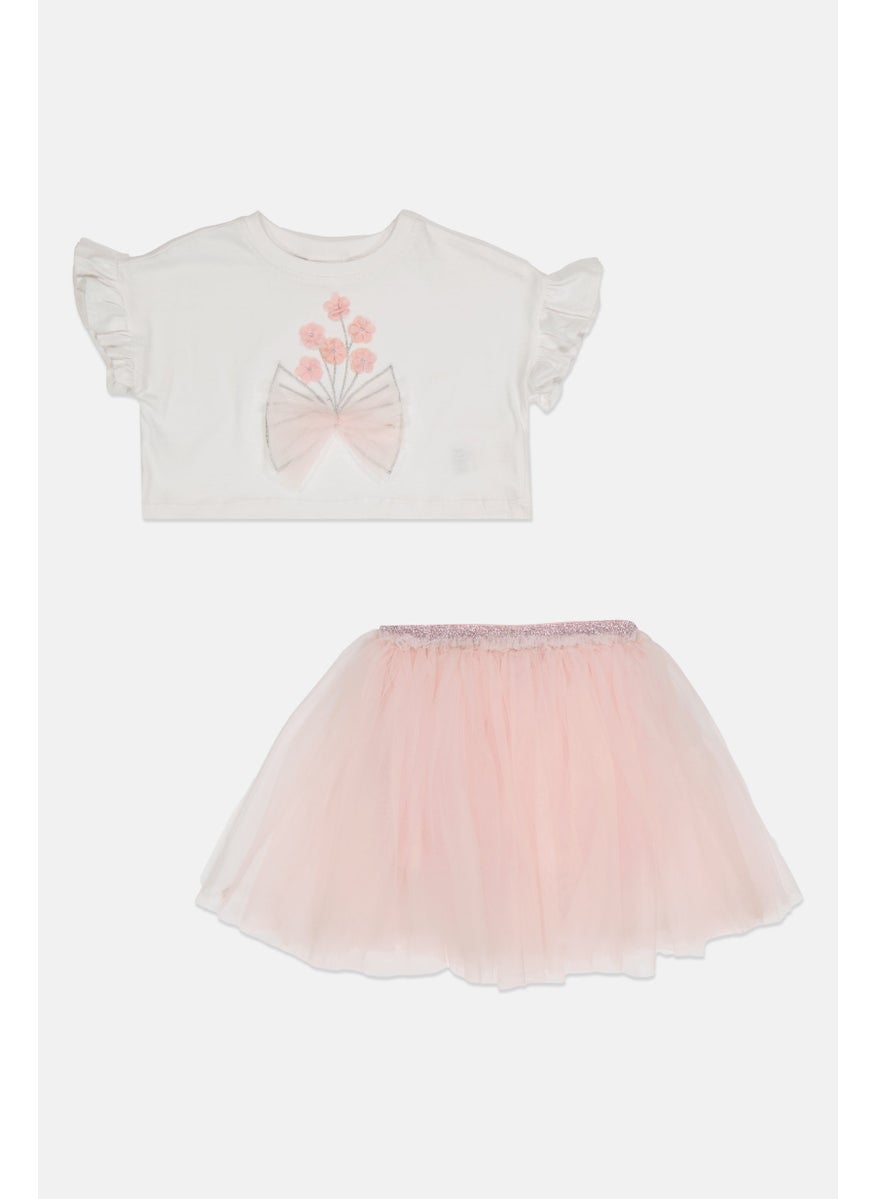 MISS - Toddlers Girl Embroidered Top And Mesh Skirt Set, White/Pink - Image 1