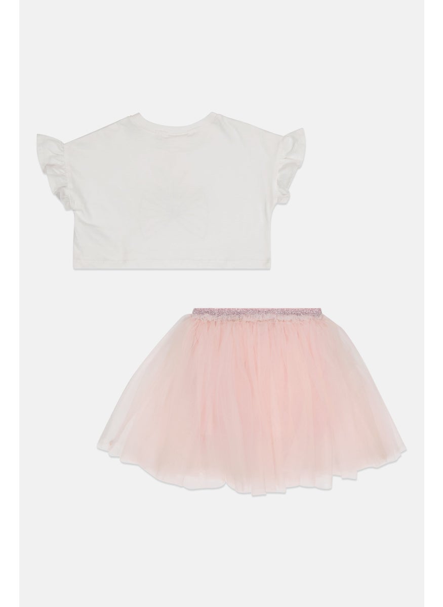 MISS - Toddlers Girl Embroidered Top And Mesh Skirt Set, White/Pink - Image 1