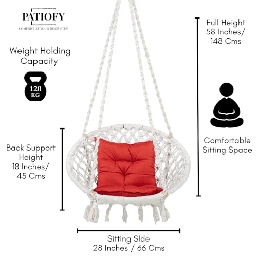 Patiofy Swing for Adults for Home/Swing for Living Room/Swing for Balcony/Jhula for Adults/Capacity Upto 120 Kgs/Jhoola with Free Hanging Accessories and L Cushion/Handmade Cotton Swing (White) - Image 4