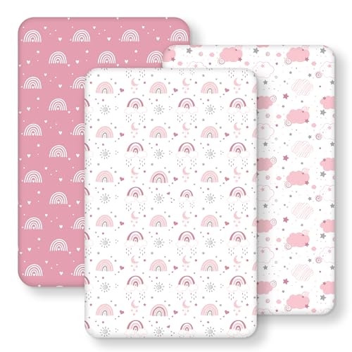 FIEMOL Baby Bedside Bassinet Sheets Fitted Girl, 33”x20” Compatible with Baby Delight Dream On Me & Most Rectangle Bedside Sleeper Bassinet Mattresses, Super Soft Microfiber Pink Rainbow - Image 1