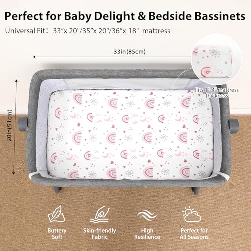 FIEMOL Baby Bedside Bassinet Sheets Fitted Girl, 33”x20” Compatible with Baby Delight Dream On Me & Most Rectangle Bedside Sleeper Bassinet Mattresses, Super Soft Microfiber Pink Rainbow - Image 3