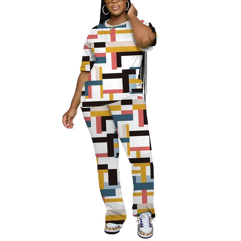 PINSV Womens Sets 2 Piece Outfits Casual Short Sleeve Top and Flare Pants Lounge Sets Tracksuit Multicolour M - Image 4