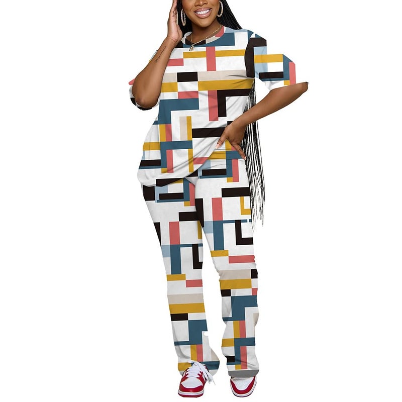 PINSV Womens Sets 2 Piece Outfits Casual Short Sleeve Top and Flare Pants Lounge Sets Tracksuit Multicolour M - Image 3