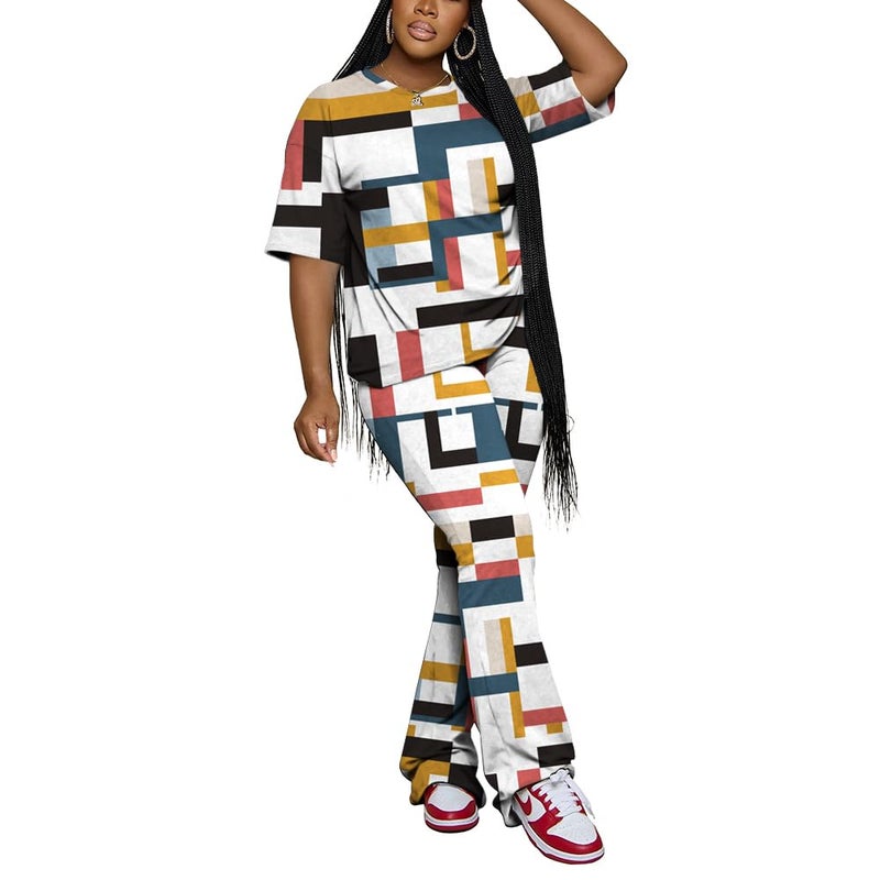 PINSV Womens Sets 2 Piece Outfits Casual Short Sleeve Top and Flare Pants Lounge Sets Tracksuit Multicolour M - Image 1