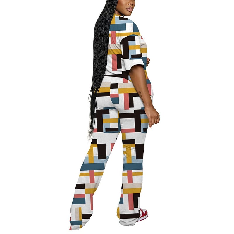 PINSV Womens Sets 2 Piece Outfits Casual Short Sleeve Top and Flare Pants Lounge Sets Tracksuit Multicolour M - Image 2