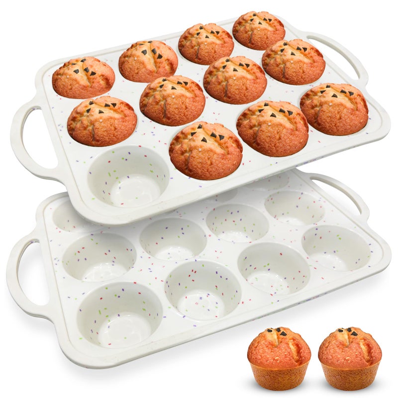 RICCLE Silicone Muffin Pans for Baking with Metal Reinforced Frame, 12-Cup Cupcake Pan, 2 Pcs Muffin Trays for Cupcake Baking, Tray Molds, Oven & Dishwasher Safe, BPA-Free - Image 1