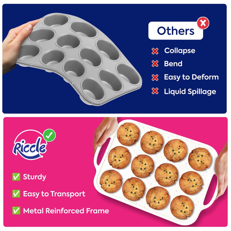RICCLE Silicone Muffin Pans for Baking with Metal Reinforced Frame, 12-Cup Cupcake Pan, 2 Pcs Muffin Trays for Cupcake Baking, Tray Molds, Oven & Dishwasher Safe, BPA-Free - Image 5