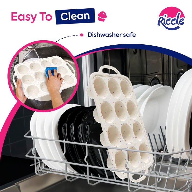 RICCLE Silicone Muffin Pans for Baking with Metal Reinforced Frame, 12-Cup Cupcake Pan, 2 Pcs Muffin Trays for Cupcake Baking, Tray Molds, Oven & Dishwasher Safe, BPA-Free - Image 4