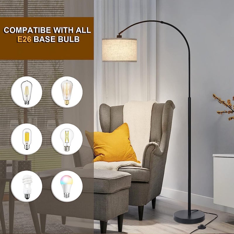 WEMART Modern Floor Lamp With Adjustable Hanging Drum Shade, 185Cm Height Tall Arc, 12W Led Bulb Included For Living Room, Bedroom, Office, Dorm - Image 5