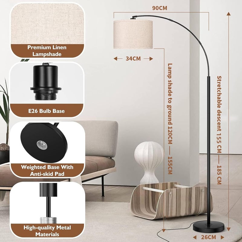 WEMART Modern Floor Lamp With Adjustable Hanging Drum Shade, 185Cm Height Tall Arc, 12W Led Bulb Included For Living Room, Bedroom, Office, Dorm - Image 2