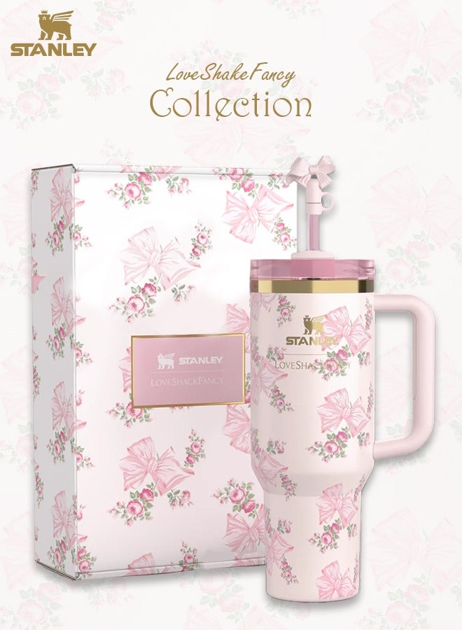 Stanley Love Shack Fancy H2.0 Flow State 40oz Rosa Beaux Pink Tumbler, Stainless Steel Vacuum Insulated Quencher with Lid, Straw, Pouch and Stopper in Elegant Gift-Ready Packaging, Keeps Drinks Cold for Hours - Image 1