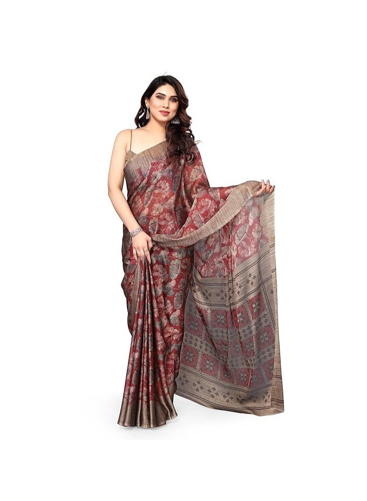 Accessorize Kingdom Women's Chiffon Floral & Ikat Print Saree with Unstitched Blouse Piece - Maroon & Rust - Image 1