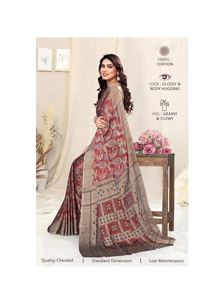 Accessorize Kingdom Women's Chiffon Floral & Ikat Print Saree with Unstitched Blouse Piece - Maroon & Rust - Image 2