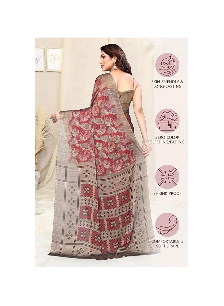 Accessorize Kingdom Women's Chiffon Floral & Ikat Print Saree with Unstitched Blouse Piece - Maroon & Rust - Image 3