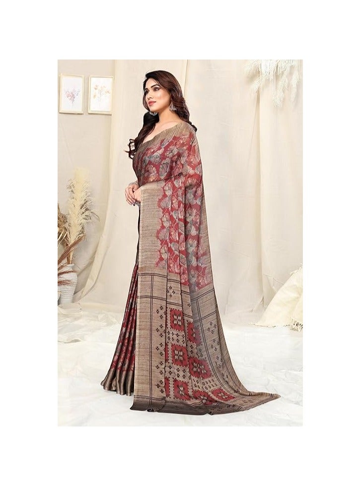 Accessorize Kingdom Women's Chiffon Floral & Ikat Print Saree with Unstitched Blouse Piece - Maroon & Rust - Image 4