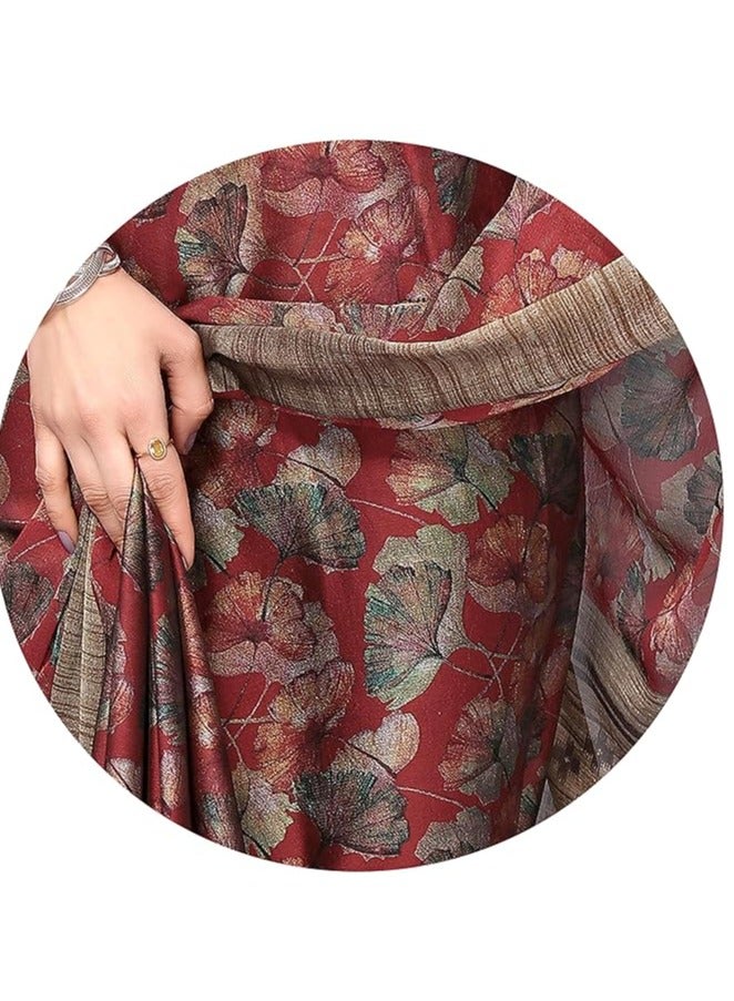 Accessorize Kingdom Women's Chiffon Floral & Ikat Print Saree with Unstitched Blouse Piece - Maroon & Rust - Image 5