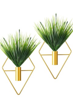 2 Pieces Diamond Shape Hanging Planters with Artificial Aquatic Plants Metal Vase Indoor Holder Modern Geometric Wall Decor for Home Living Room Office (Gold, Plant)