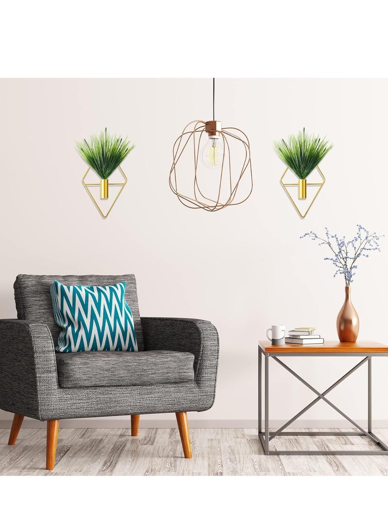 SYOSI - 2 Pieces Diamond Shape Hanging Planters with Artificial Aquatic Plants Metal Vase Indoor Holder Modern Geometric Wall Decor for Home Living Room Office (Gold, Plant) - Image 1