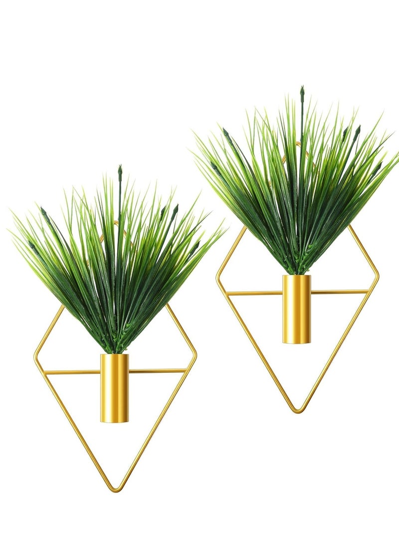 SYOSI - 2 Pieces Diamond Shape Hanging Planters with Artificial Aquatic Plants Metal Vase Indoor Holder Modern Geometric Wall Decor for Home Living Room Office (Gold, Plant) - Image 1