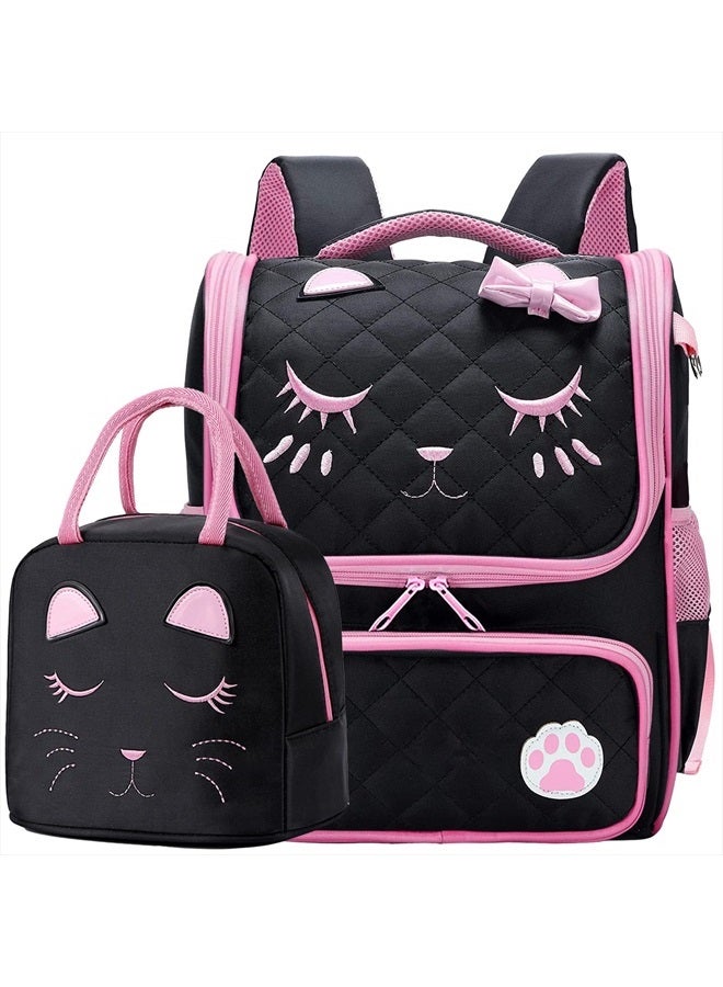 FEWOFJ Cute Black Backpacks with Lunch Bag for Teen Girls, Kids Backpack for Toddler Preschool Bookbags Elementary School Bags  - Image 1