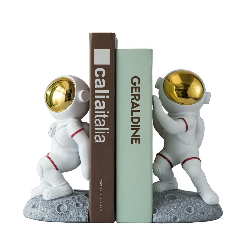 Banllis Space Theme Bookends for Shelves Astronaut Moon Book Ends for Kids Room Decorative Planet Book Stoppers to Hold Books Heavy Duty Unique Boys and Girls Gift Gray