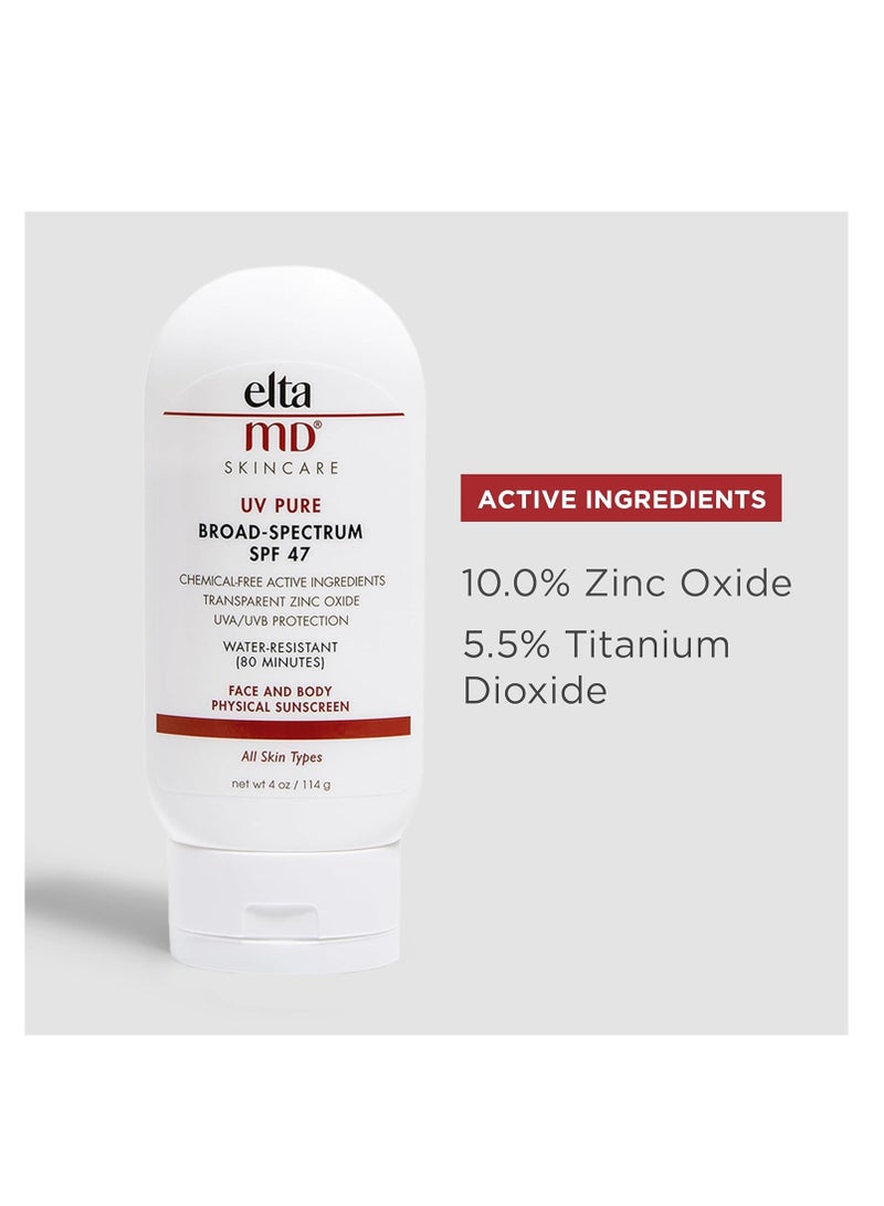 EltaMD UV Pure Face and Body Sunscreen, SPF 47 Mineral Sunscreen for Kids and Adults, Water Resistant Up to 80 Minutes, Oil Free Zinc Oxide Formula, 4.0 oz