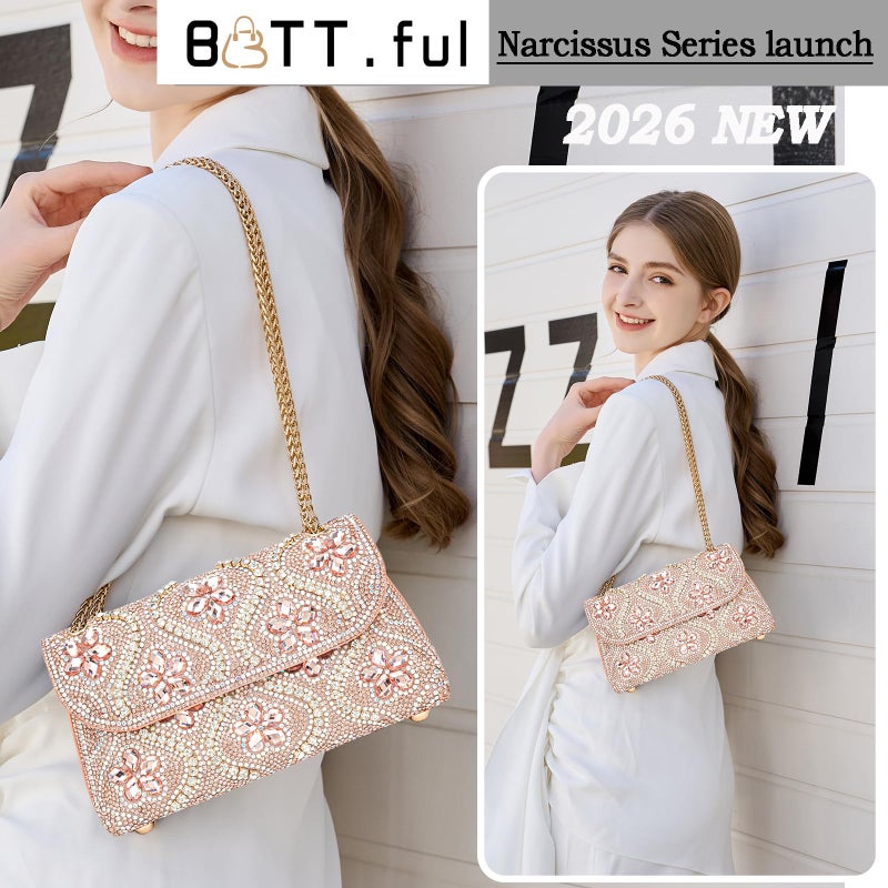 BBTT.ful Flower Evening Handbags Chain Strap Square Shoulder Bag Crossbody Bag Crystals Rhinestone Clutch Purse (pink champagne) - Image 2
