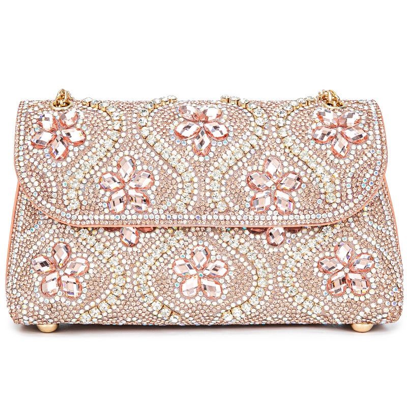 BBTT.ful Flower Evening Handbags Chain Strap Square Shoulder Bag Crossbody Bag Crystals Rhinestone Clutch Purse (pink champagne) - Image 1