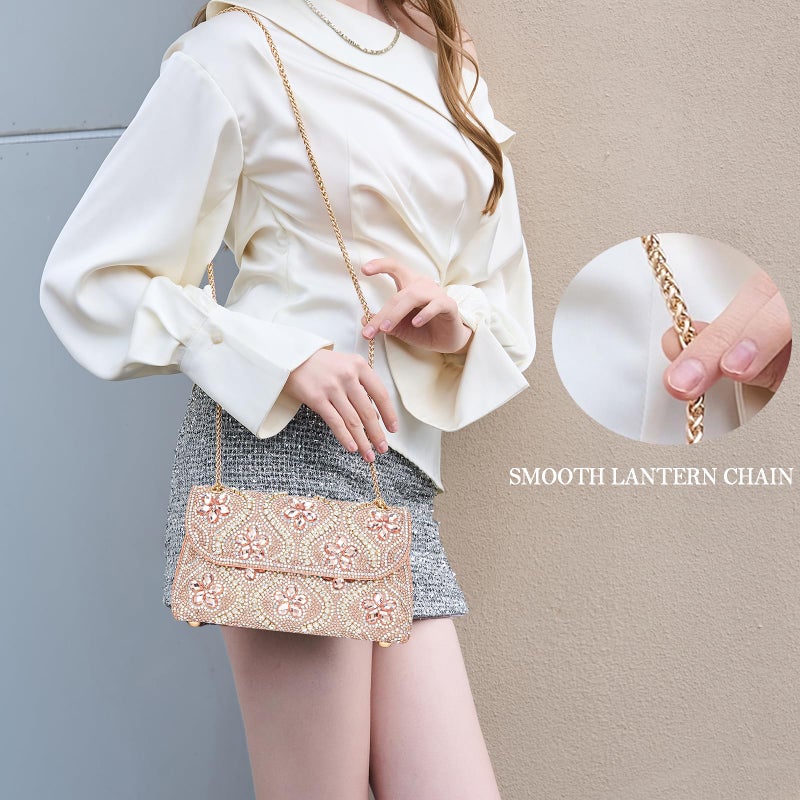 BBTT.ful Flower Evening Handbags Chain Strap Square Shoulder Bag Crossbody Bag Crystals Rhinestone Clutch Purse (pink champagne) - Image 3