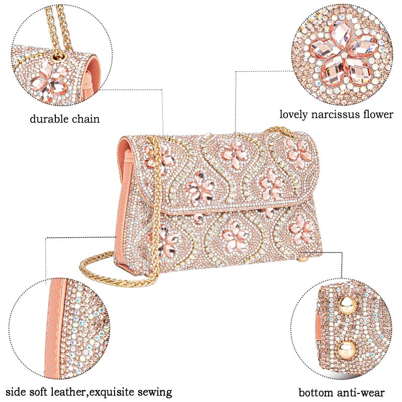 BBTT.ful Flower Evening Handbags Chain Strap Square Shoulder Bag Crossbody Bag Crystals Rhinestone Clutch Purse (pink champagne) - Image 5