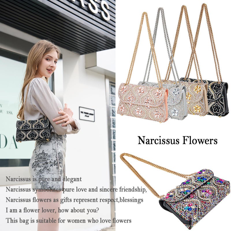 BBTT.ful Flower Evening Handbags Chain Strap Square Shoulder Bag Crossbody Bag Crystals Rhinestone Clutch Purse (pink champagne) - Image 4