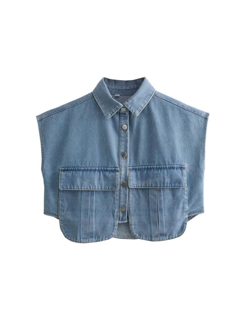Perbai Womens Cropped Button Down Shirt Summer Collared Sleeveless Loose Denim Top with Pockets(LightBlue-L) - Image 1