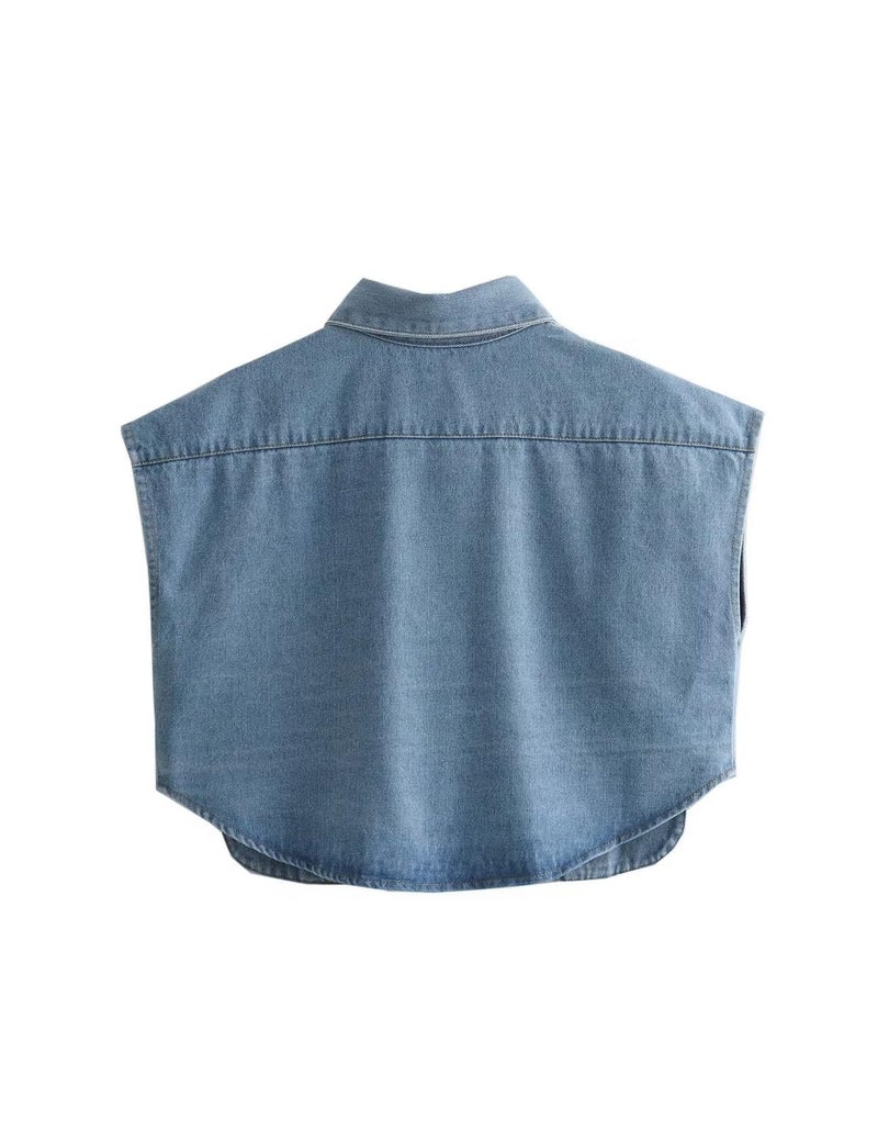Perbai Womens Cropped Button Down Shirt Summer Collared Sleeveless Loose Denim Top with Pockets(LightBlue-L) - Image 4