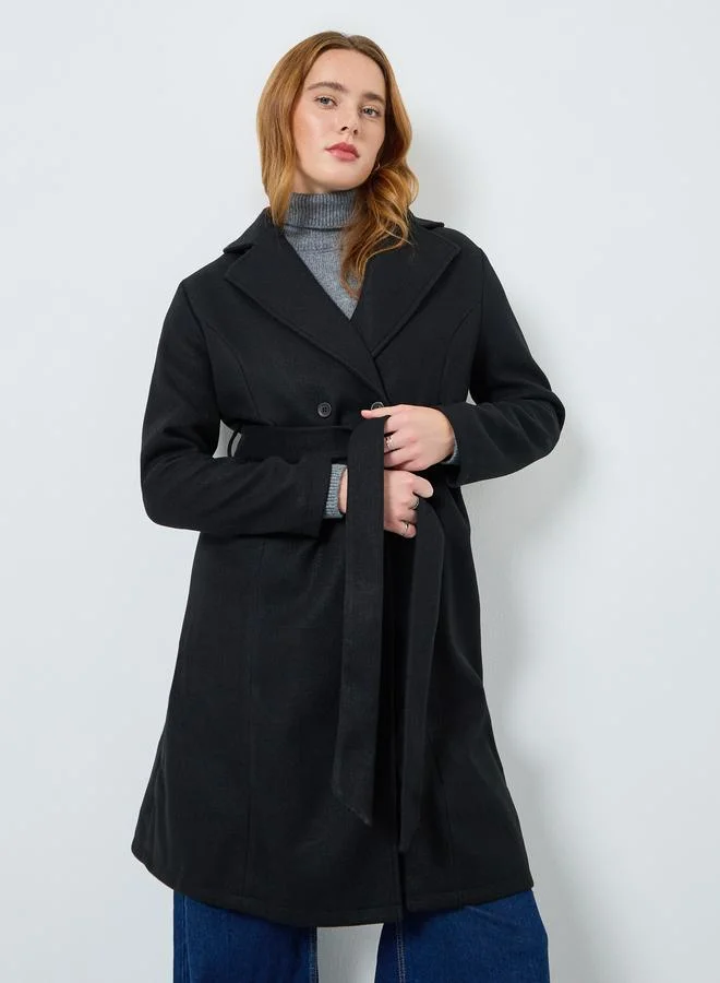 تايك تو معطف ميدي سادة بحزام وأزرار أمامية