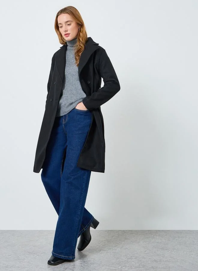 تايك تو معطف ميدي سادة بحزام وأزرار أمامية