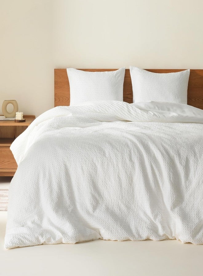 Comfort Spaces White Queen Duvet Cover Set - 3 Pieces Breathable Dotted Weave Texture Duvet Sets, Modern Farmhouse Boho Duvet Cover & Sham, All Season Microfiber Queen Bed Set, Full/Queen - Image 1