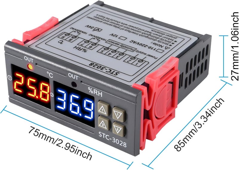 شوتاو وحدة تحكم في درجة الحرارة والرطوبة STC-3028 24 فولت مع مستشعر مدمج، مزدوج العرض الرقمي لمقياس الحرارة والرطوبة، وحدة تحكم للحاضنة - Image 5