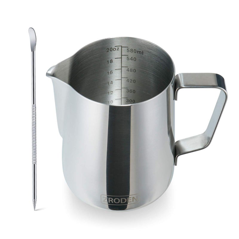 Milk Frothing Pitcher Thicker Version 20oz Espresso Steaming Pitchers Stainless Steel Cappuccino Coffee Machine Accessories Barista Tools Steamer Pitchers Milk Jug Cup with Decorating Pen Latte Art
