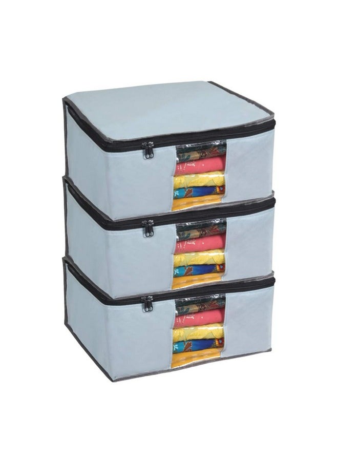 PrettyKrafts Prettykrafts Set of 3 Non Woven Foldable Saree Cover/Cloth Storage Bag/Wardrobe Organizer with Zip & Transparent Window For Lehenga, Shirts, Salwar Suits, Dress & Accessories (Grey, 40 x 35 x 19.5cm)  - Image 1
