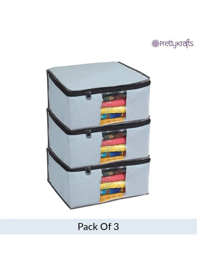 PrettyKrafts Prettykrafts Set of 3 Non Woven Foldable Saree Cover/Cloth Storage Bag/Wardrobe Organizer with Zip & Transparent Window For Lehenga, Shirts, Salwar Suits, Dress & Accessories (Grey, 40 x 35 x 19.5cm)  - Image 5