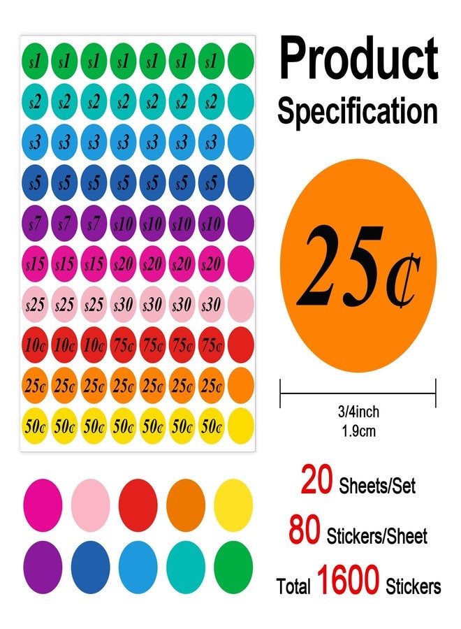 Misofuki 1600 Pcs 3/4 Inch Round Assorted Garage, Yard & Rummage Sale Price Stickers, Misofuki 0.75 inch Pre-Printed Pricing Labels for Flea Markets, County Fairs & Retail Use - Image 2