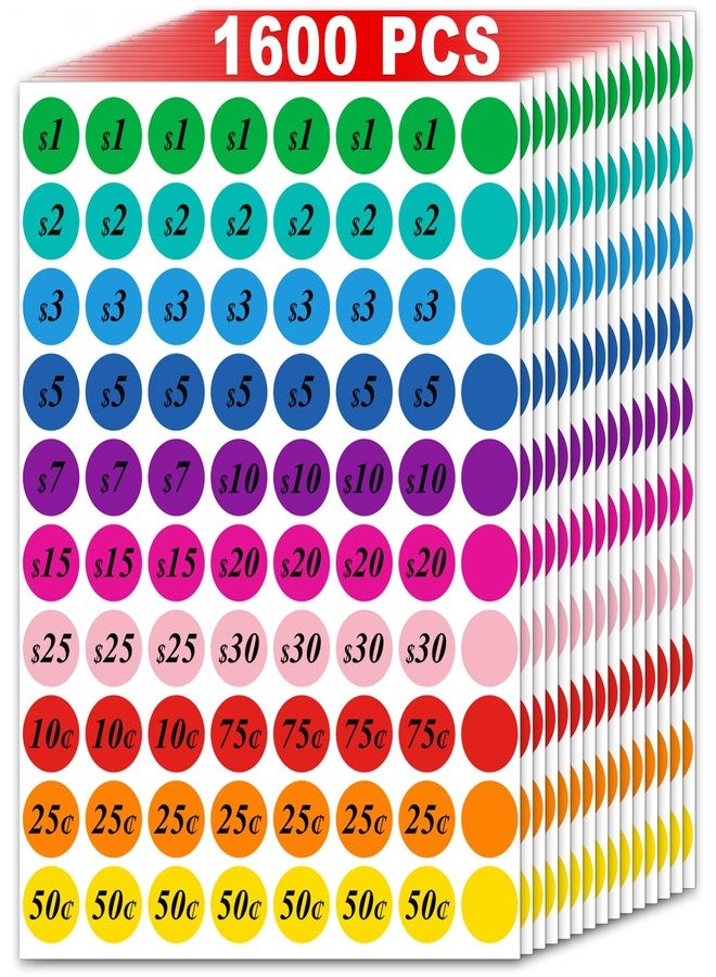 Misofuki 1600 Pcs 3/4 Inch Round Assorted Garage, Yard & Rummage Sale Price Stickers, Misofuki 0.75 inch Pre-Printed Pricing Labels for Flea Markets, County Fairs & Retail Use - Image 1