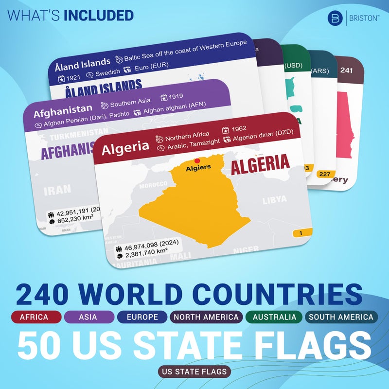 Briston World Nations & US State Flags Flash Cards â€“ 290 Geography Flashcards for Kids Teens Adults, Learn Maps Capitals Currencies Populations â€“ Educational Homeschool Classroom Travel Study Set - Image 4